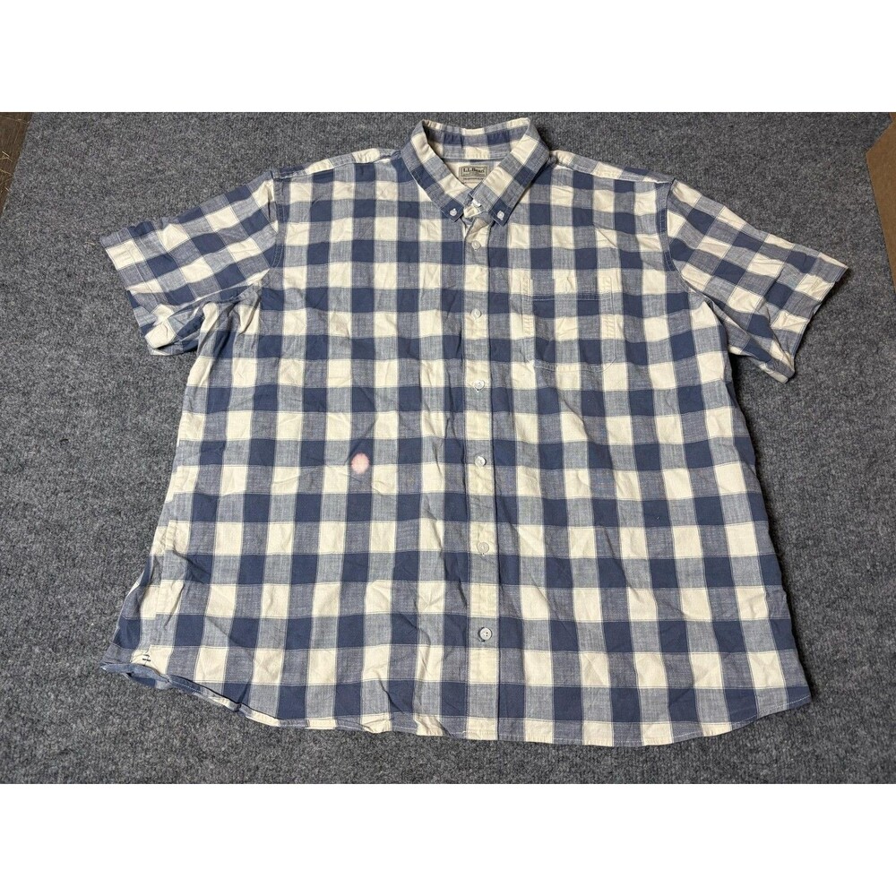 L.L. Bean Shirt Mens 2XL Blue Check Short Sleeve Stretch Button-Down Casual